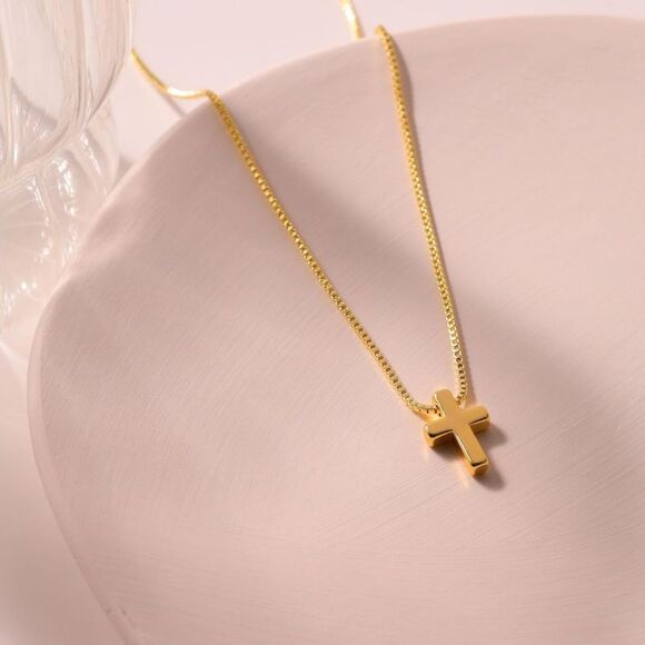 Gold Cross Necklace 14K Gold Plated Baptism Gift Cross Necklace Dainty Pendant - Picture 2 of 7